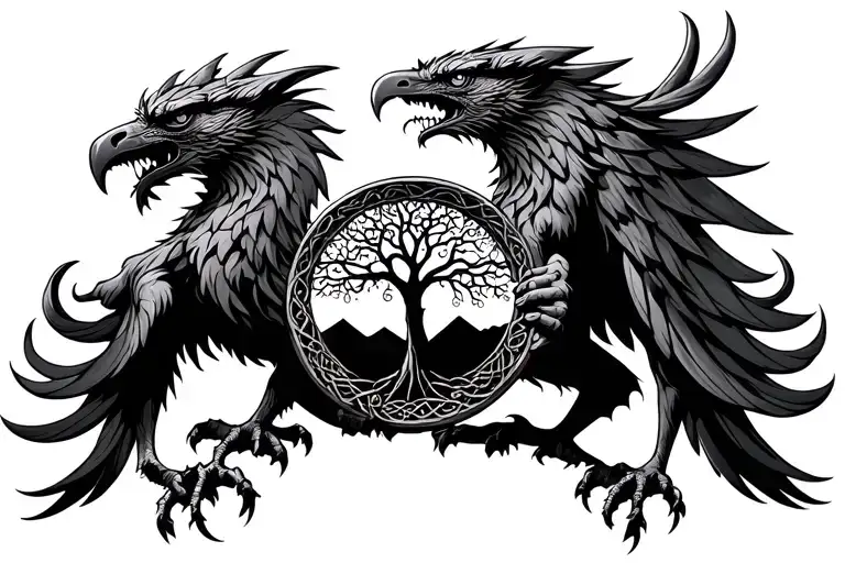 Celtic griffin holding a circle with the tree of life in it. tattoo design idea