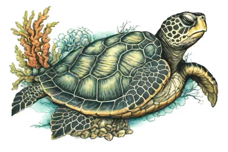sea turtle with coral reef tattoo design idea
