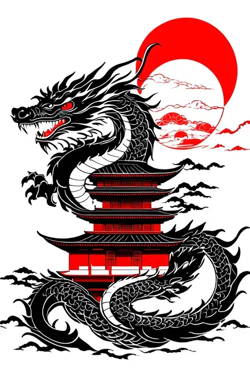 line art of dragon wrapping around two suns overlooking a Japanese temple tattoo design idea
