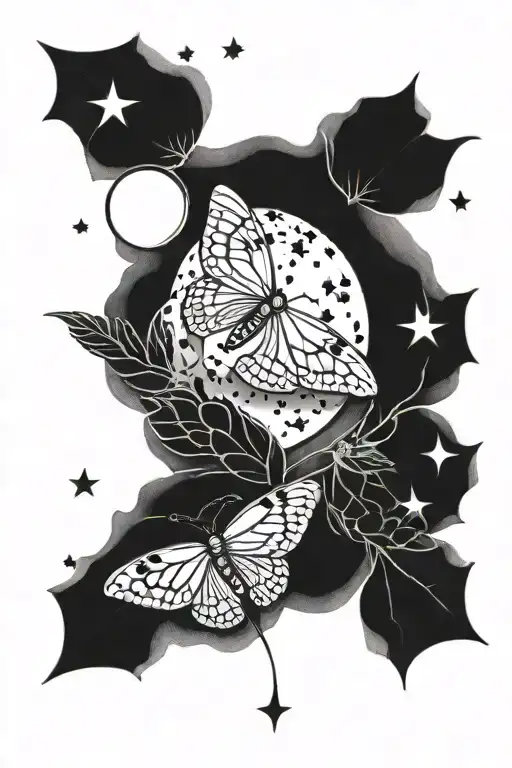 moths flying moon phases intertwined tattoo design idea