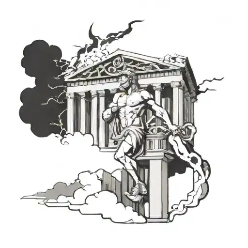 Parthenon with zeus holding lightning bolt and lighting coming from his head tattoo design idea
