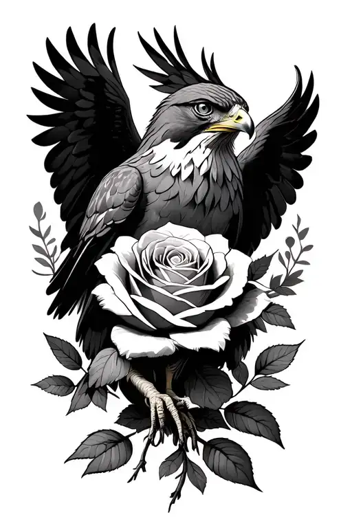 red tail hawk holding a Tiffany rose intertwined tattoo design idea