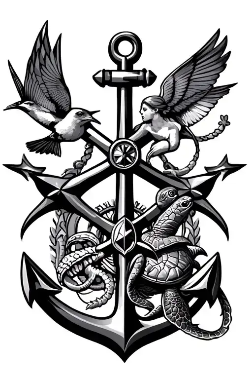 Nautical star, Swallow x6, Anchor, Hula Girl, Shellback Turtle, Crossed Cannons, King Neptune, Compass Rose tattoo design idea