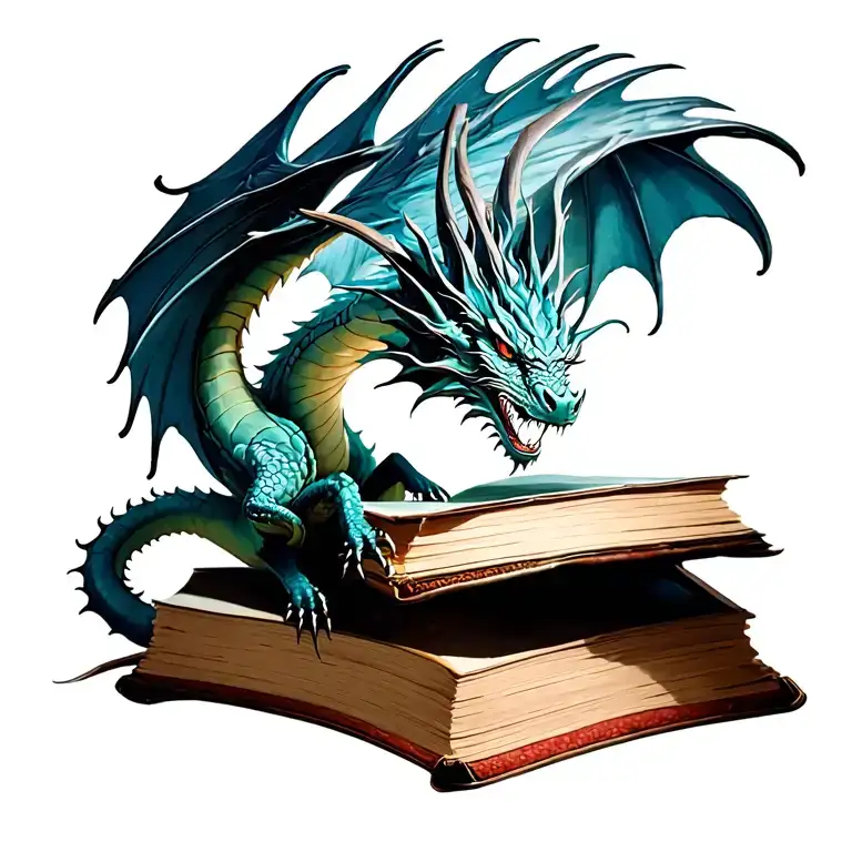 dragon flying out of book tattoo design idea