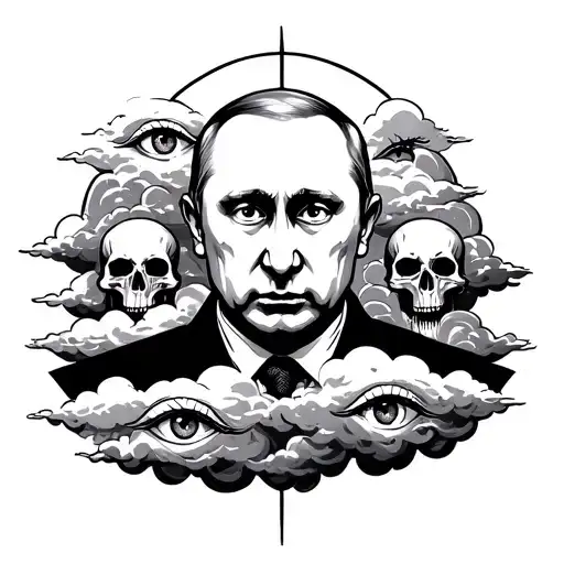 russian icon style Putin in theb clouds, full of eyes, tears, skulls tattoo design idea