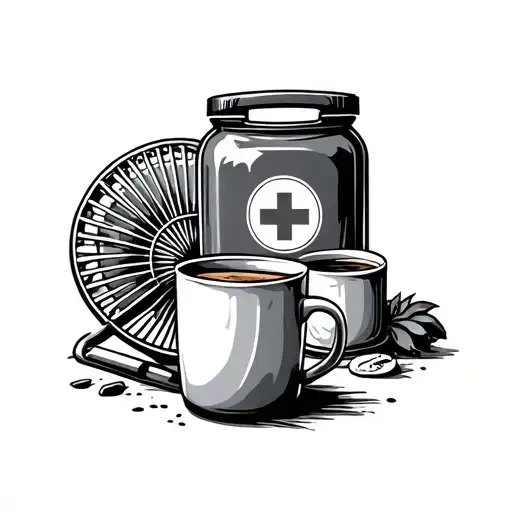 jam style with a first aid kit, coffee mug, and a fan tattoo design idea