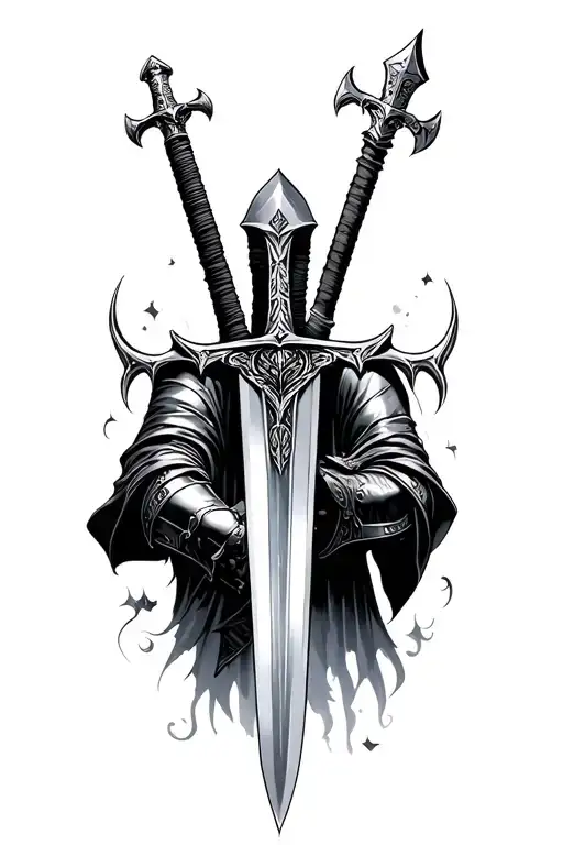 Sword and fallen knight - gothic-fantasy theme arm sleeve tattoo design idea