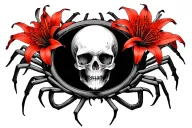 smaller skulls intertwined with red spider lily in the shape of an oval with a space in the middle tattoo design idea