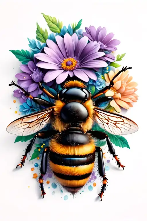 bee with flowers tattoo design idea