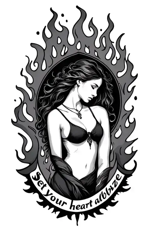 "Set your heart ablaze" femenine flames around right underarm tattoo design idea