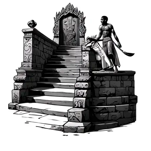 Upper arm tattoo design in black and grey. Young African male climb carved stone steps toward a throne made from a Zulu tattoo design idea