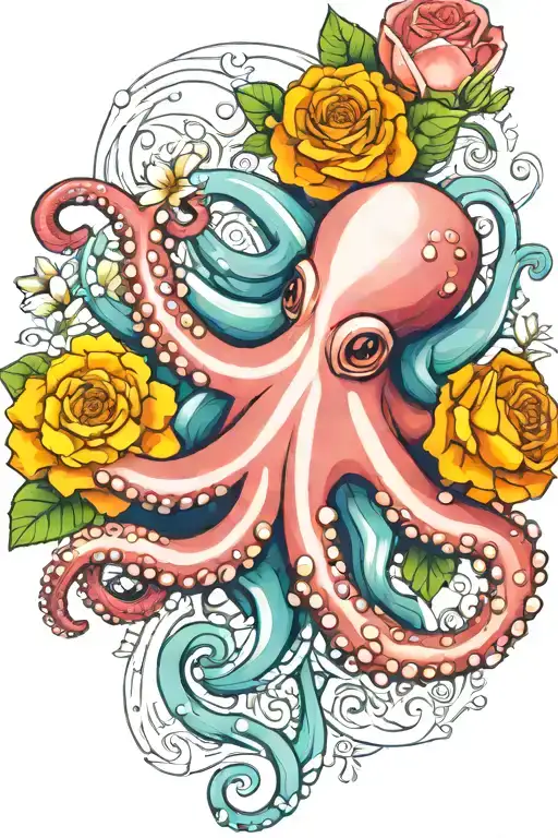 octopus, white snowdrop, rose,  marigold flower tattoo design idea