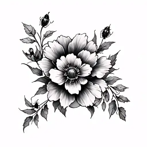 floral nature and bugs tattoo design idea