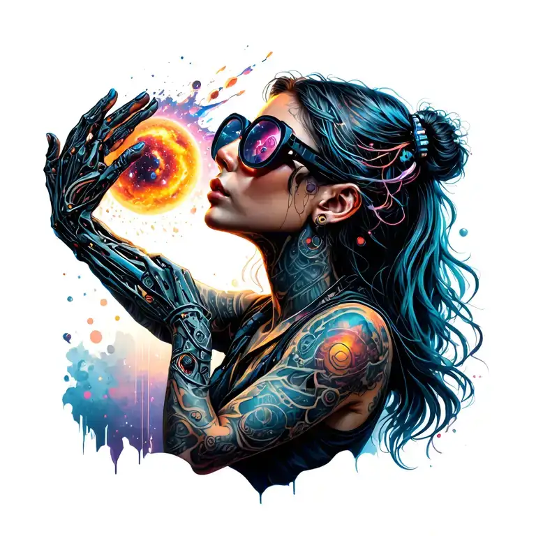 Girl in profile with rave glases her hands on the glases looking up with a universe pouring out of the glases tattoo design idea
