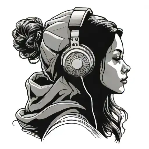 a black and white neo traditional woman with a hoodie and headphones on tattoo design idea