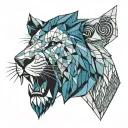 geometric lion head with mouth open roaring monochromatic color shades of blue  tattoo design idea