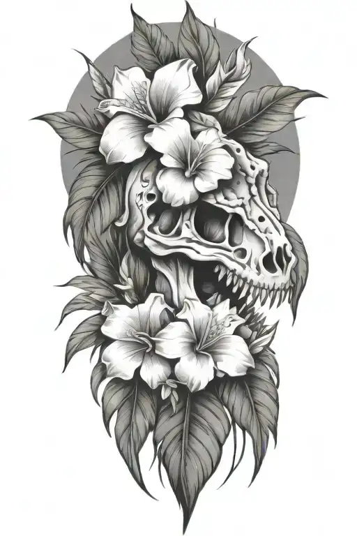 tropical leaves with flowers an T Rex skull tattoo design idea