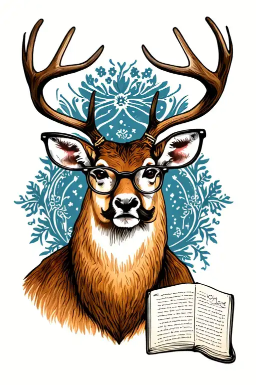traditional style tattoo deer head with reading glasses and a mustache  tattoo design idea