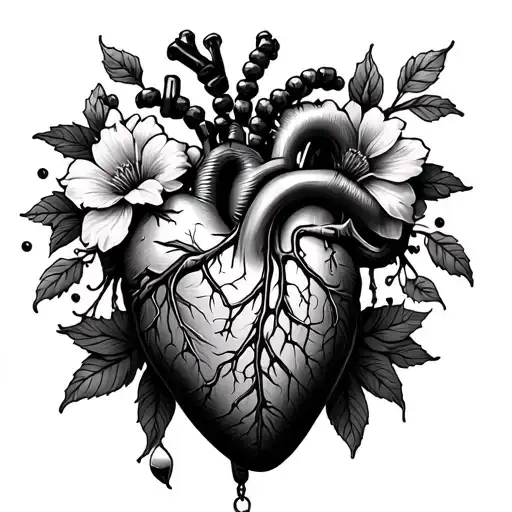 floral anatomical heart rosary beads tattoo design idea