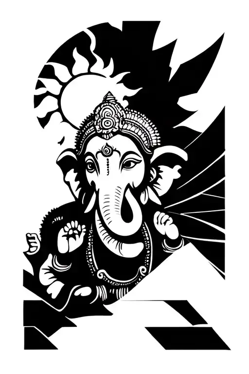 Sun And Lord Ganesha surrounded by geometric tattoo design idea