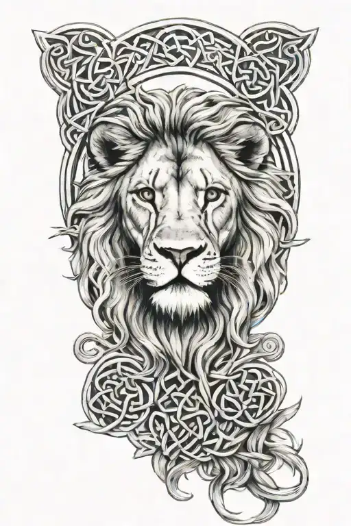 lions head surrounded by Celtic knotwork intertwined tattoo design idea