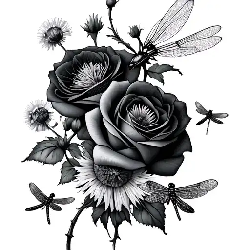flowers dragonflies dandelions intertwined roses tattoo design idea