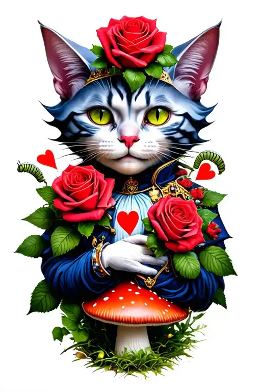 cheshire cat blended with queens guards holding painted roses. queen of hearts centered with Caterpillar on mushroom tattoo design idea