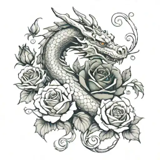 dragon with black roses  tattoo design idea