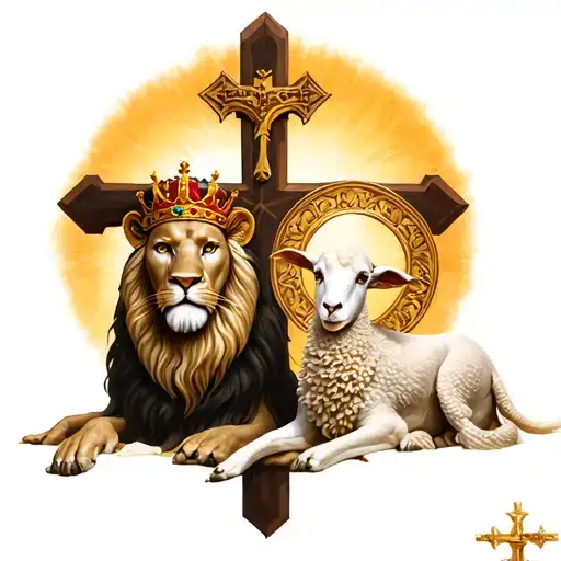 A crowned lion and a haloed lamb beside a cross, symbolizing Christ. tattoo design idea