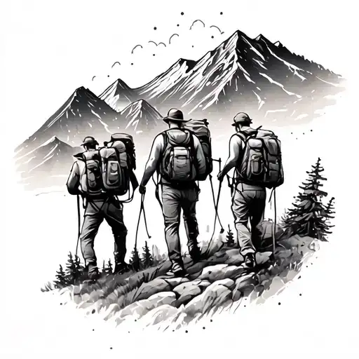 A tattoo design of a group of friends hiking together with a subtle mountain range in the background tattoo design idea