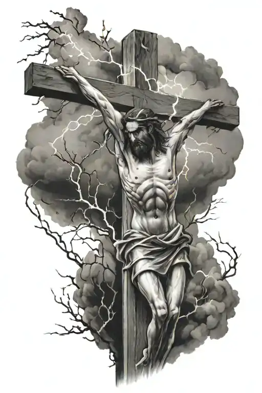 Jesus Christ's crucifixion, 2 others to the side, lightning strikes and storm in the background tattoo design idea