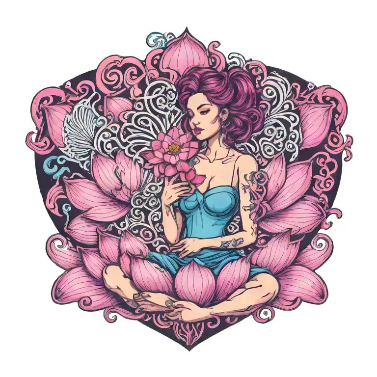 hyper realistic woman, sitting in a heart, holding a lotus flower, Colored, 3d tattoo design idea