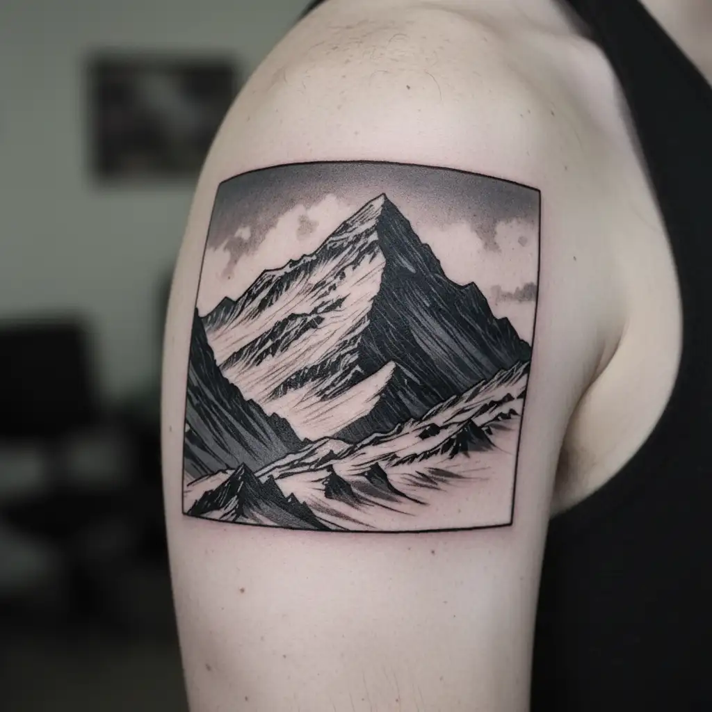 mount Everest and prayer flags  tattoo design idea