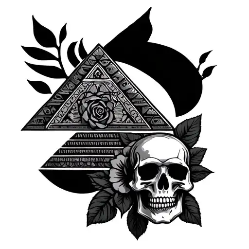 aztec calendar with Aztec pyramid and skull and rose tattoo design idea