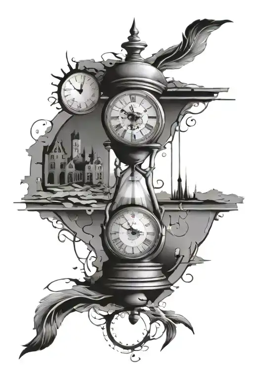 broken clock face, court house scale, hour glass tattoo design idea