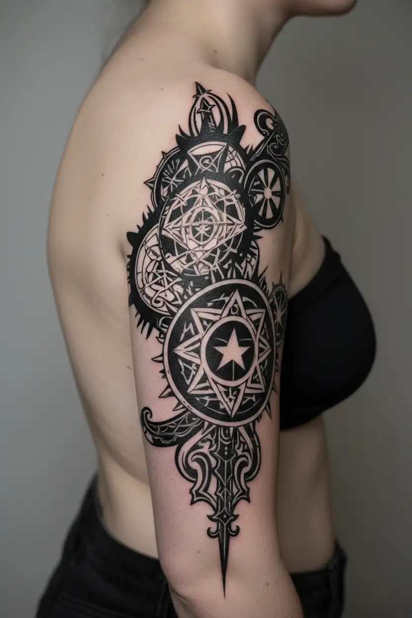 band with symbols: Alpha, Dharma wheel, jewish star, chi-rho, ohm, omega  tattoo design idea