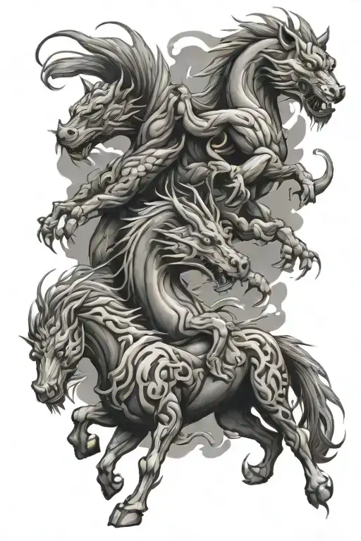 year of the horse,dragon and tiger emerging tattoo design idea