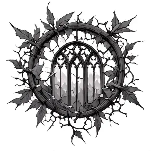 circle gothic cathedral window broken down and surrounded by vines tattoo design idea