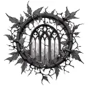 circle gothic cathedral window broken down and surrounded by vines tattoo design idea