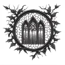 circle gothic cathedral window broken down and surrounded by vines tattoo design idea