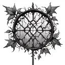 circle gothic cathedral window broken down and surrounded by vines tattoo design idea