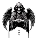 a evil grim reaper with wings hands folded with rosary beads tattoo design idea
