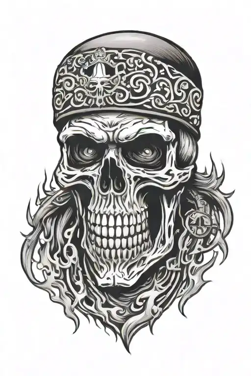 Create a biker skull wearing a Harley Davidson bandana surrounded by flames tattoo design idea