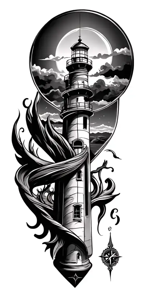 Hour Glass, Compass, Lighthouse tattoo design idea
