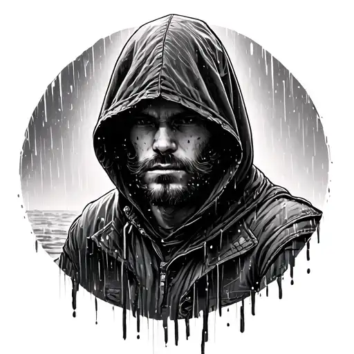 A black and white fine line tattoo illustration of Sam Porter Bridges from Death Stranding, wearing his hood in the rain tattoo design idea