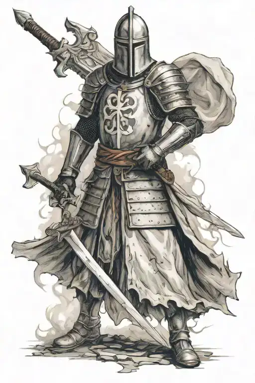 Templar knight with a sword standing Dow headed one groud  tattoo design idea