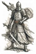 Templar knight with a sword standing Dow headed one groud  tattoo design idea