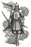 Templar knight with a sword standing Dow headed one groud  tattoo design idea