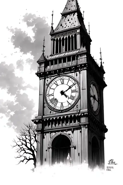 scary clock tower with trees next to it tattoo design idea