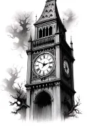 scary clock tower with trees next to it tattoo design idea